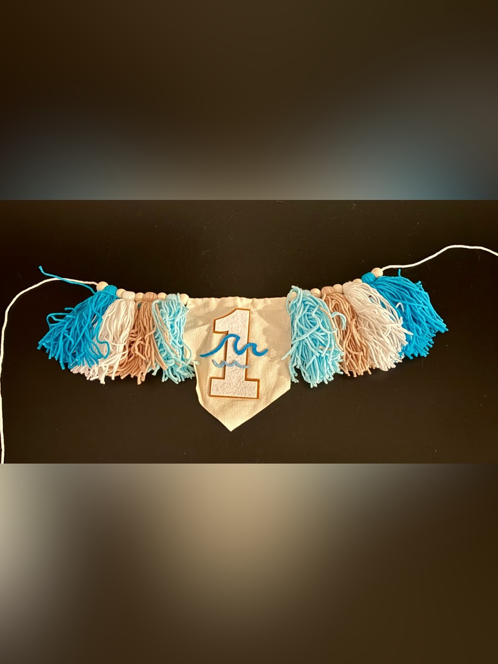 First Birthday Tassel Banner Garland in Blue, Cream & Tan